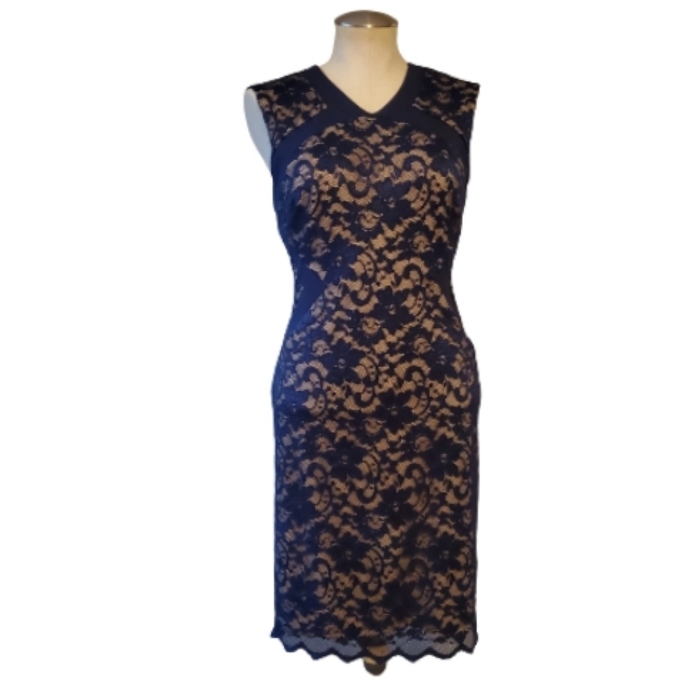 Belle Badgley Mischka Navy Lace Illusions Dress